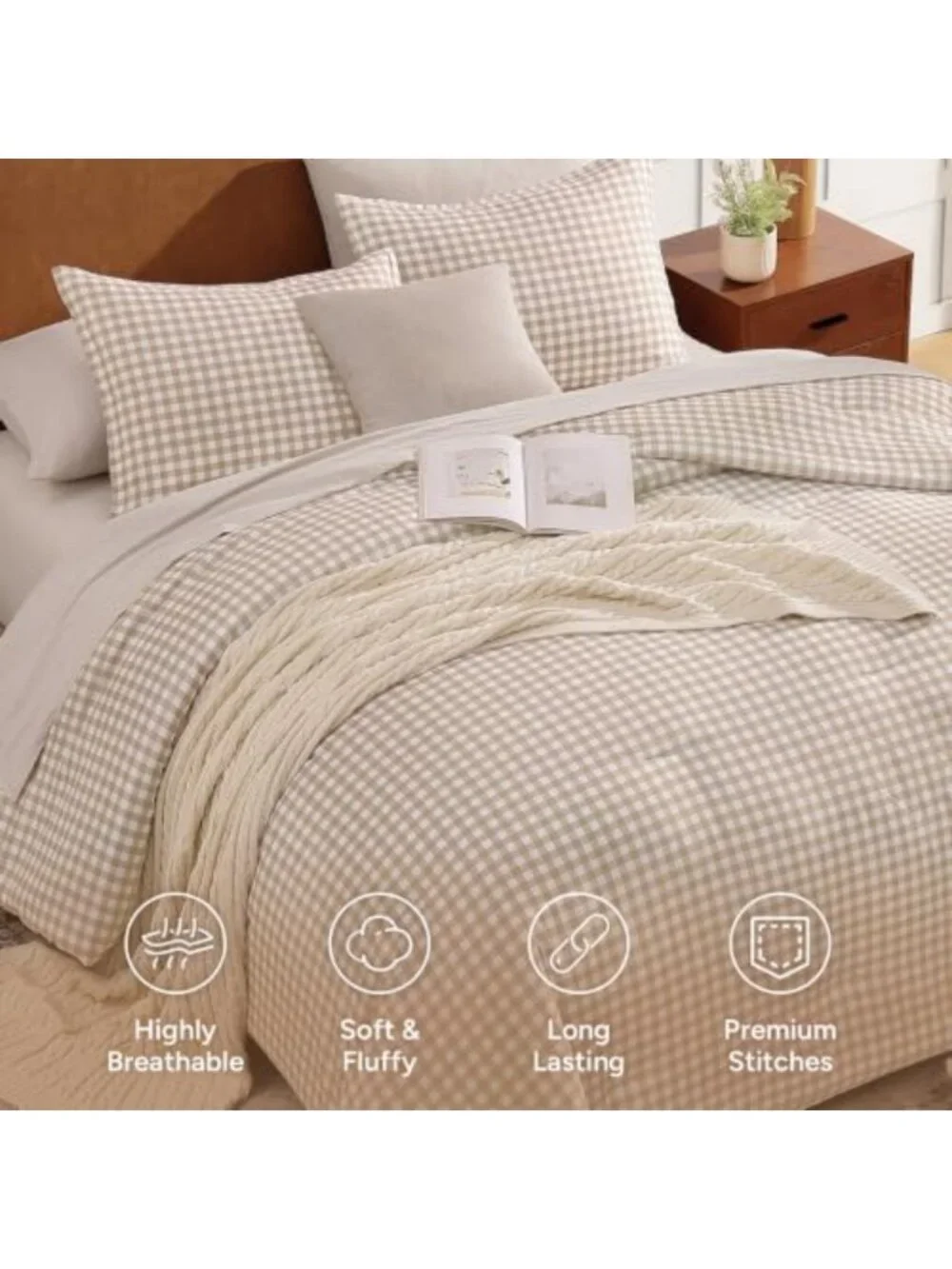 Cozy Tan Gingham Twin Comforter Set | Brown Checkered Plaid Bedding Decor